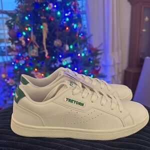 White and green leather Tretorns